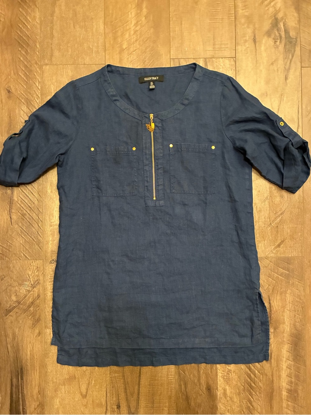 Ellen Tracy 100 Percent Linen Navy Zip-Front Casual Button-Down Shirt. Size Sm